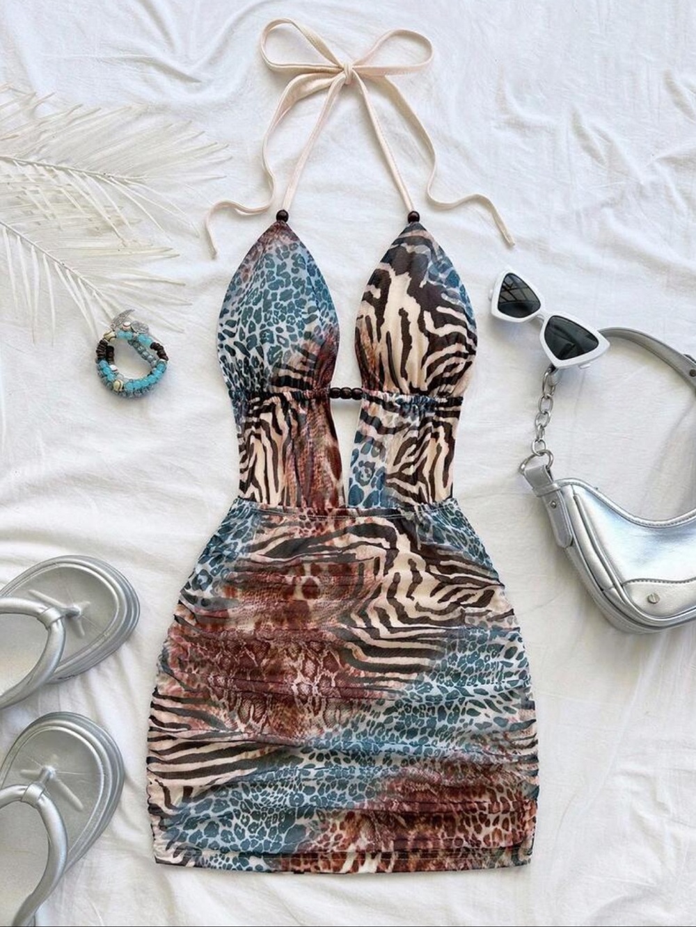 Multicolor Animal Print Halter Ruched Waist Mini Dress Beach Cover Up